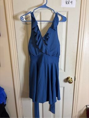 bloom Blue Ruffle Halter One-Piece Swimdress